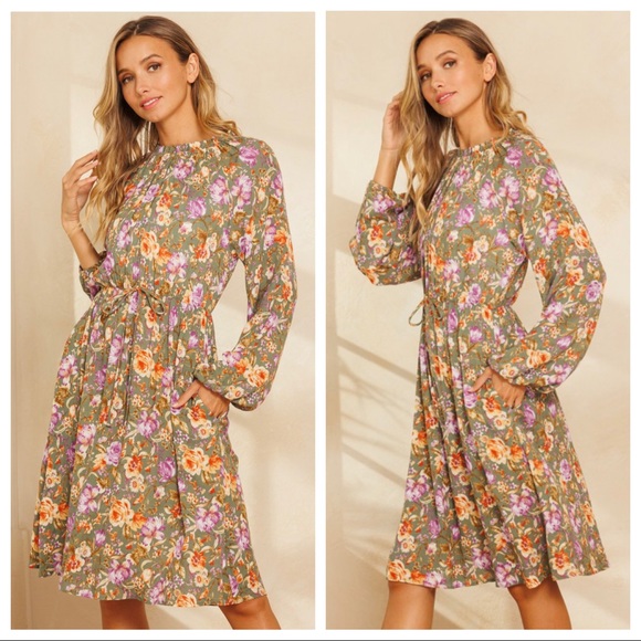 Gypsy Boho Chic Floral Pattern Long Sleeve Mini Dress - Picture 3 of 5